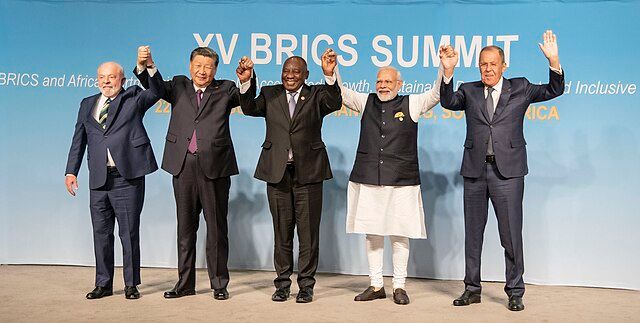 5 brics members; Brazil, China, South Africa, India, Russia at the XY Brics Summit in Johannesburg, 2023